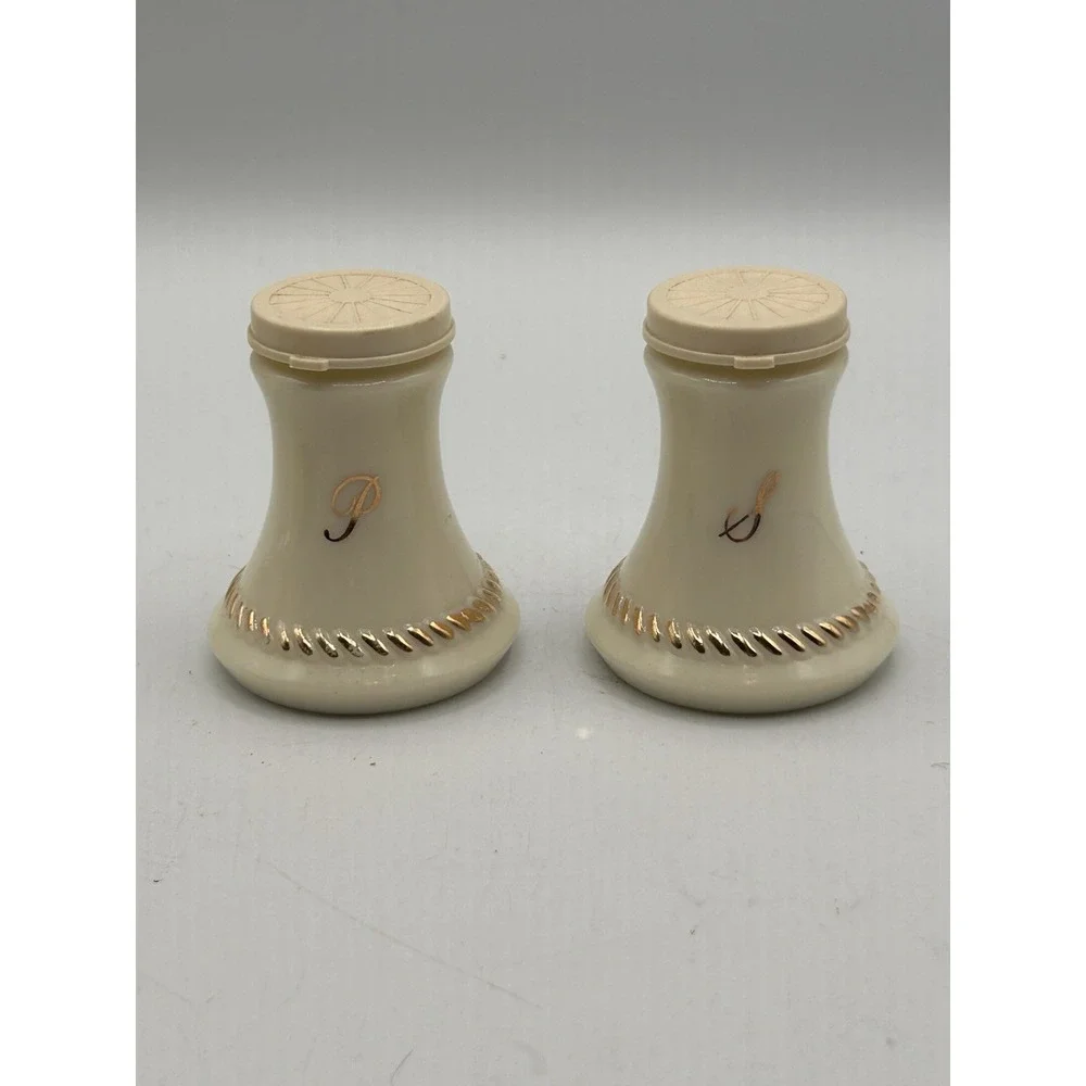 Wheatonware Custard Glass Salt & Pepper‎ Shakers With Lids Gold Trim
